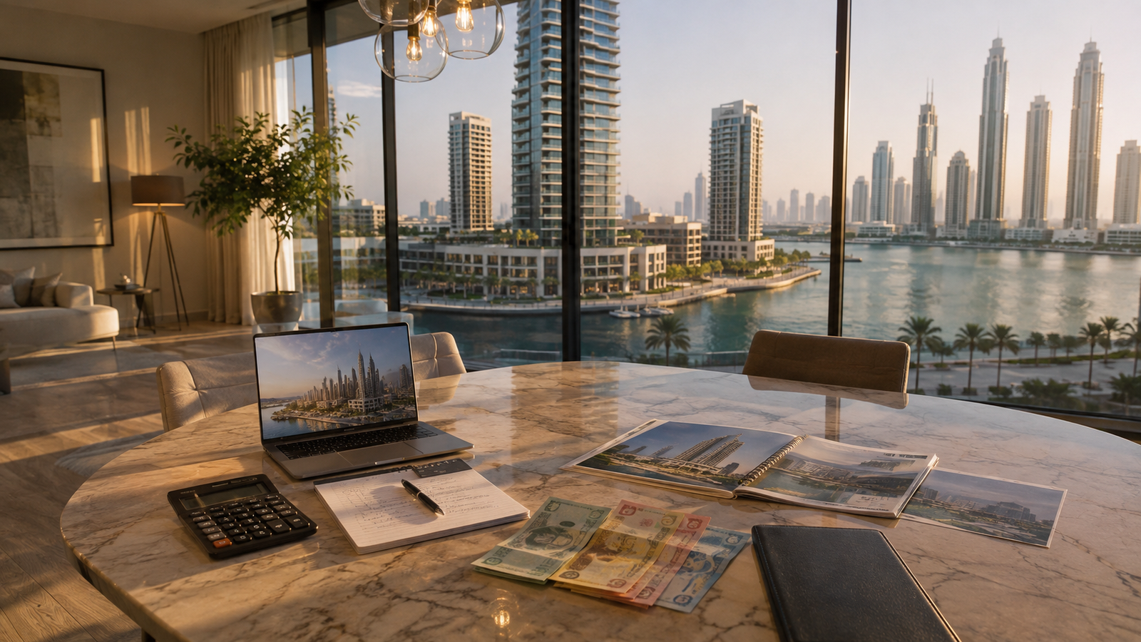 Dubai Creek Harbour apartment and financial planning setup representing property costs for Gold Coast investors