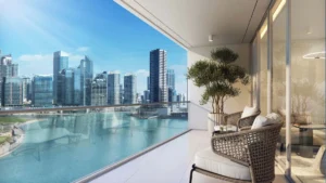 Dubai Business Bay canal view balcony with city skyline and blue water — buy property in Dubai from Australia