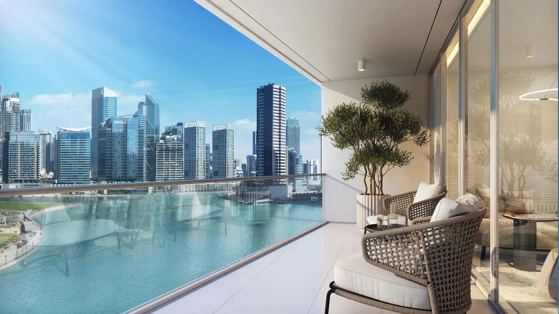 Dubai Business Bay canal view balcony with city skyline and blue water — buy property in Dubai from Australia