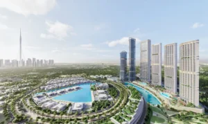 Dubai lagoon master community with residential towers crystal lagoon and Burj Khalifa skyline — Dubai investment properties