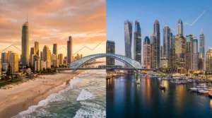Side-by-side comparison of Gold Coast beachfront skyline at sunset and Dubai Marina skyline at night with upward investment trend arrows on both