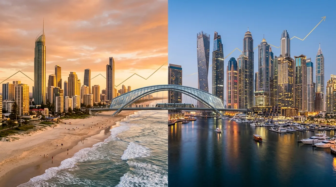 Side-by-side comparison of Gold Coast beachfront skyline at sunset and Dubai Marina skyline at night with upward investment trend arrows on both