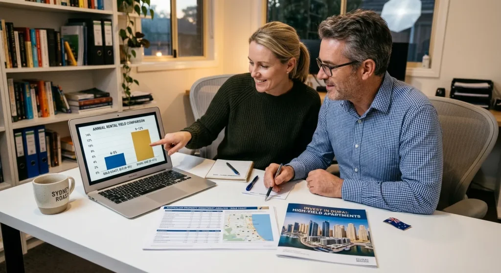 Australian couple at a home desk reviewing a laptop showing an annual rental yield comparison chart — Gold Coast at 4–5% versus Dubai at 9–12% — with Dubai investment brochures on the table
