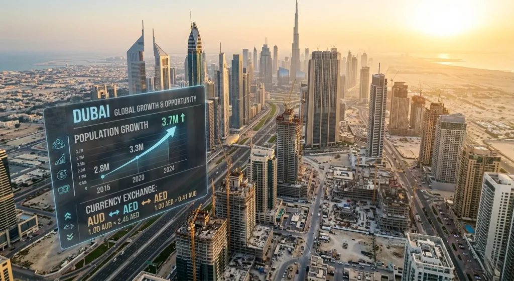 Aerial view of Dubai skyline at golden hour with an overlay infographic showing population growth from 2.8M to 3.7M and AUD to AED currency exchange rates