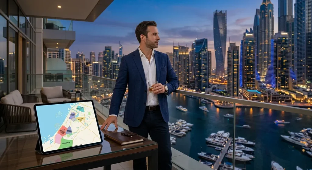 ell-dressed male investor reviewing a Dubai district property map on a tablet while standing on a penthouse balcony overlooking the lit Dubai Marina at night