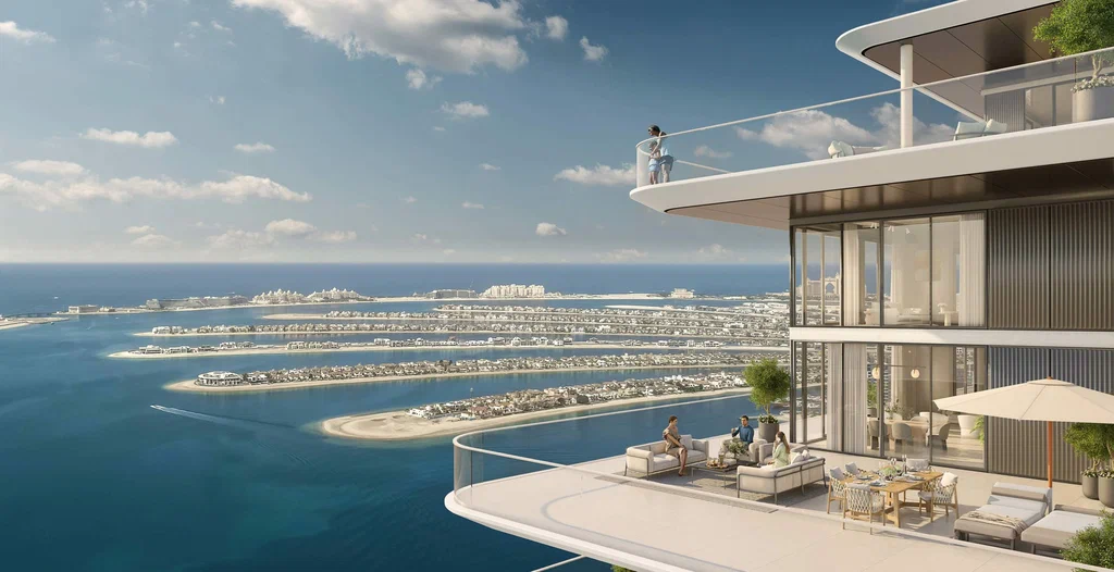 Dubai Harbour luxury balcony with direct Palm Jumeirah aerial view and Arabian Gulf — buy property in Dubai from Australia