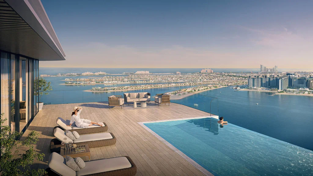 Luxury Dubai apartment infinity pool with Palm Jumeirah view – buy property in Dubai from Australia
