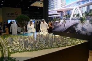 Dubai Property Show Australia 2026 exhibition showcasing a large scale model of Dubai skyline and real estate developments to international investors.