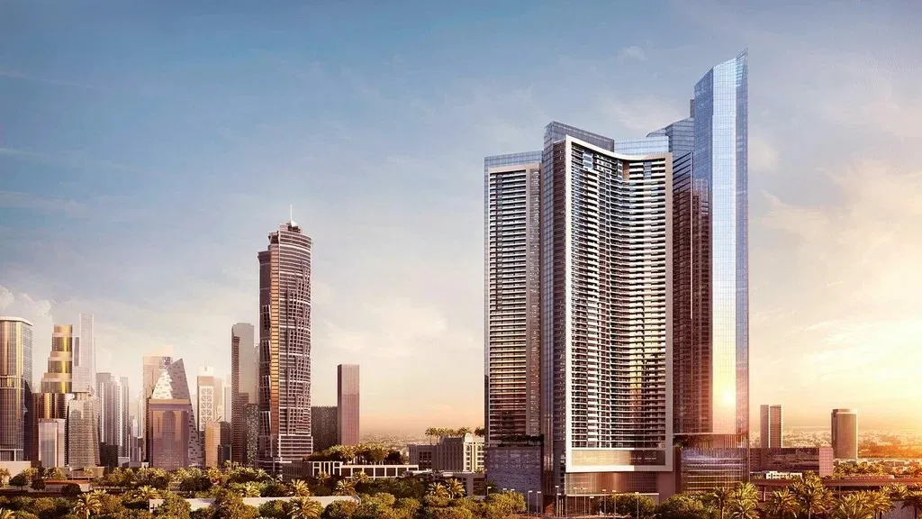 Modern high rise residential tower development in Dubai promoted during Dubai Property Show Australia 2026 real estate investment exhibition.