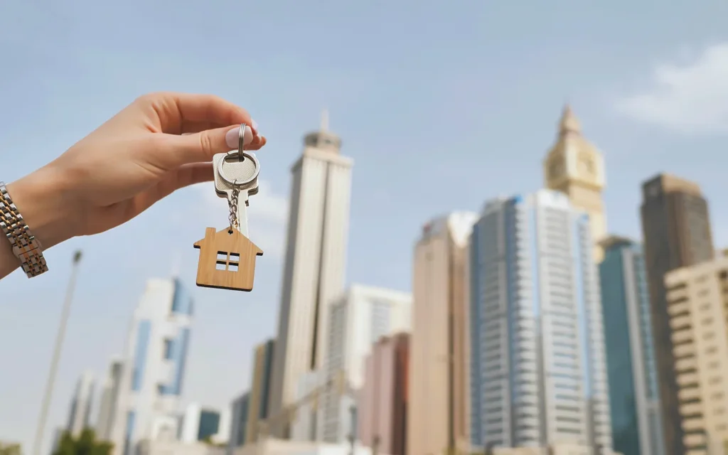Hand holding house keys with Dubai Sheikh Zayed Road skyline in background — buy property in Dubai from Australia